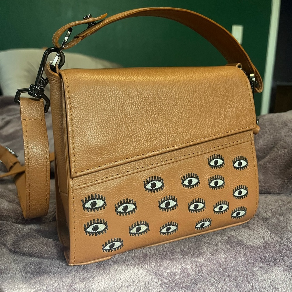 Min & Mon Anastasio micro Tan Crossbody Bag evil eye embroidery